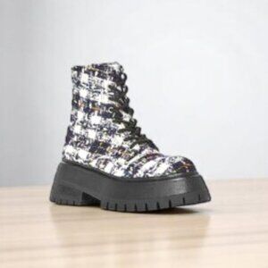 Aqua Sarge Navy Tweed Platform Combat Boots 9 NWT
